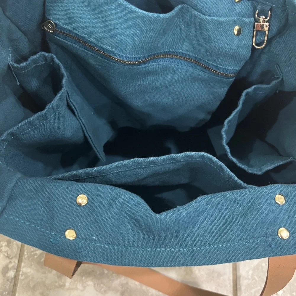FEED Market Tote Bag Teal Blue Canvas Tan Straps Provides 3 Meals Grocery Bag